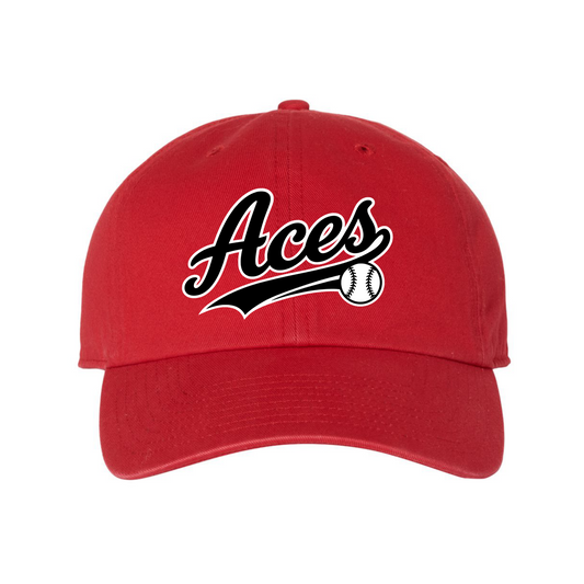 Red Aces Baseball embroidered hat with black and white script baseball logo