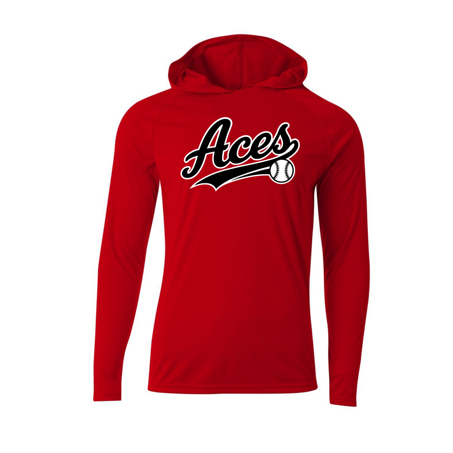 Red Aces Baseball lightweight performance hooded long sleeve shirt with black and white script logo