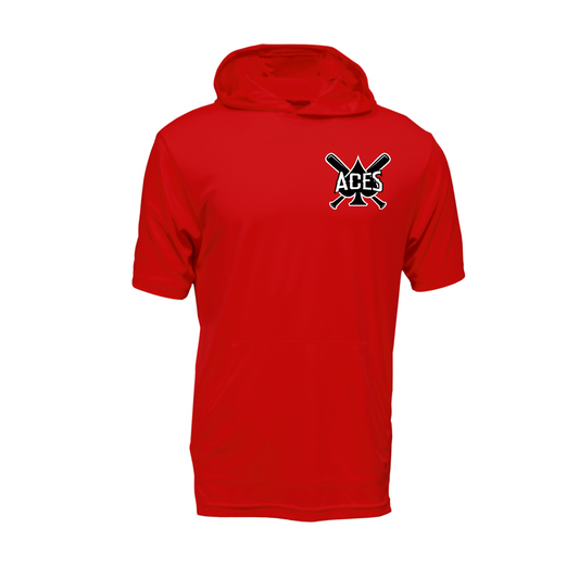 Short Sleeve Red Hooded Shirt with Aces Baseball left chest logo