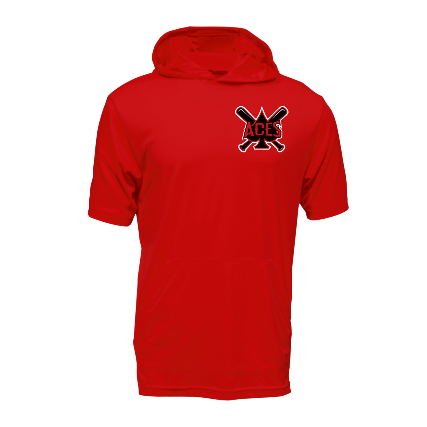 Red Aces Baseball short sleeve performance hoodie with Aces crossed bats left chest logo
