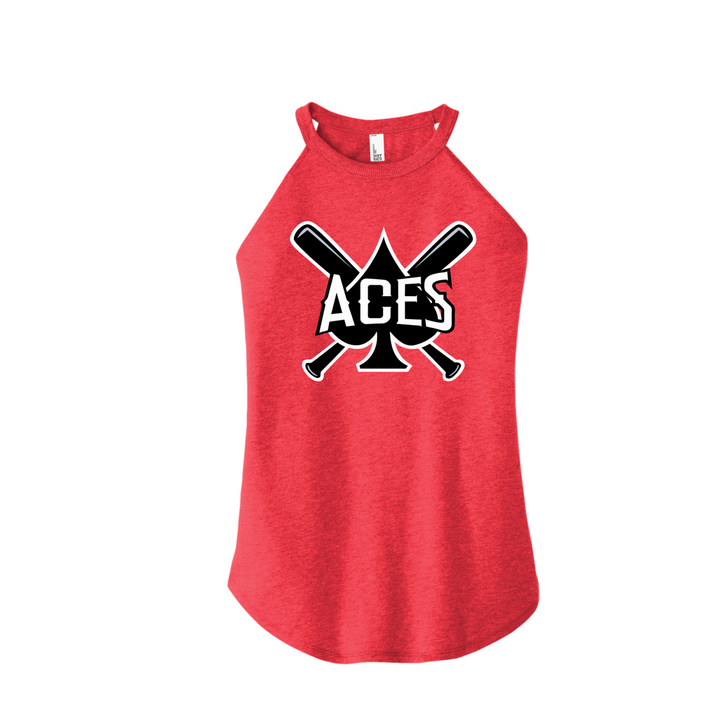 Red Aces Baseball women’s rocker tank with black and white spade crossed bats team logo