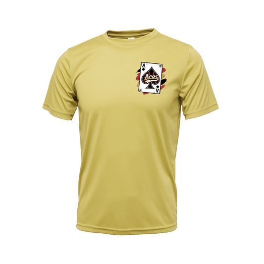 A pale yellow short-sleeve crewneck t-shirt featuring a graphic of an Ace of Spades playing card on the left chest, set against a plain white background.