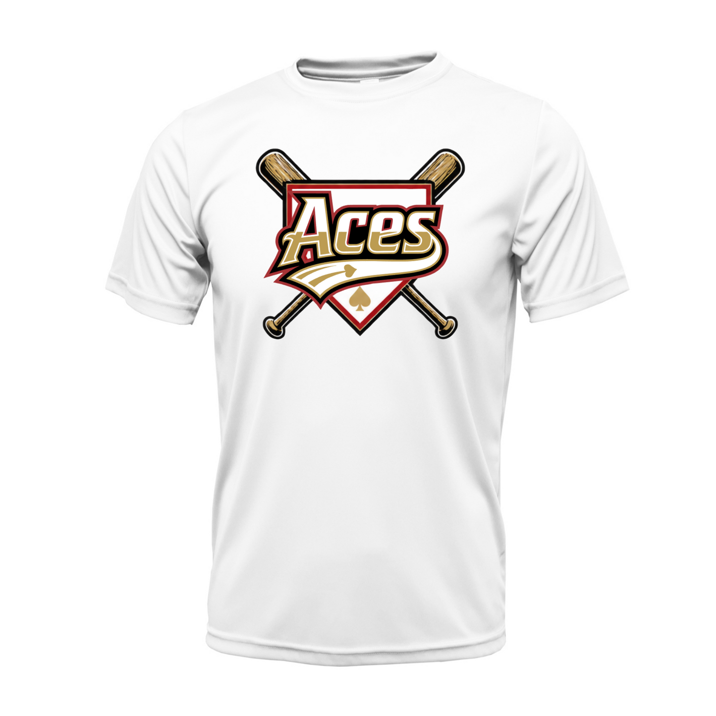 A white short-sleeve crewneck t-shirt featuring a baseball graphic on the chest with crossed bats and the word 'Aces' in a red, gold, and black shield design.