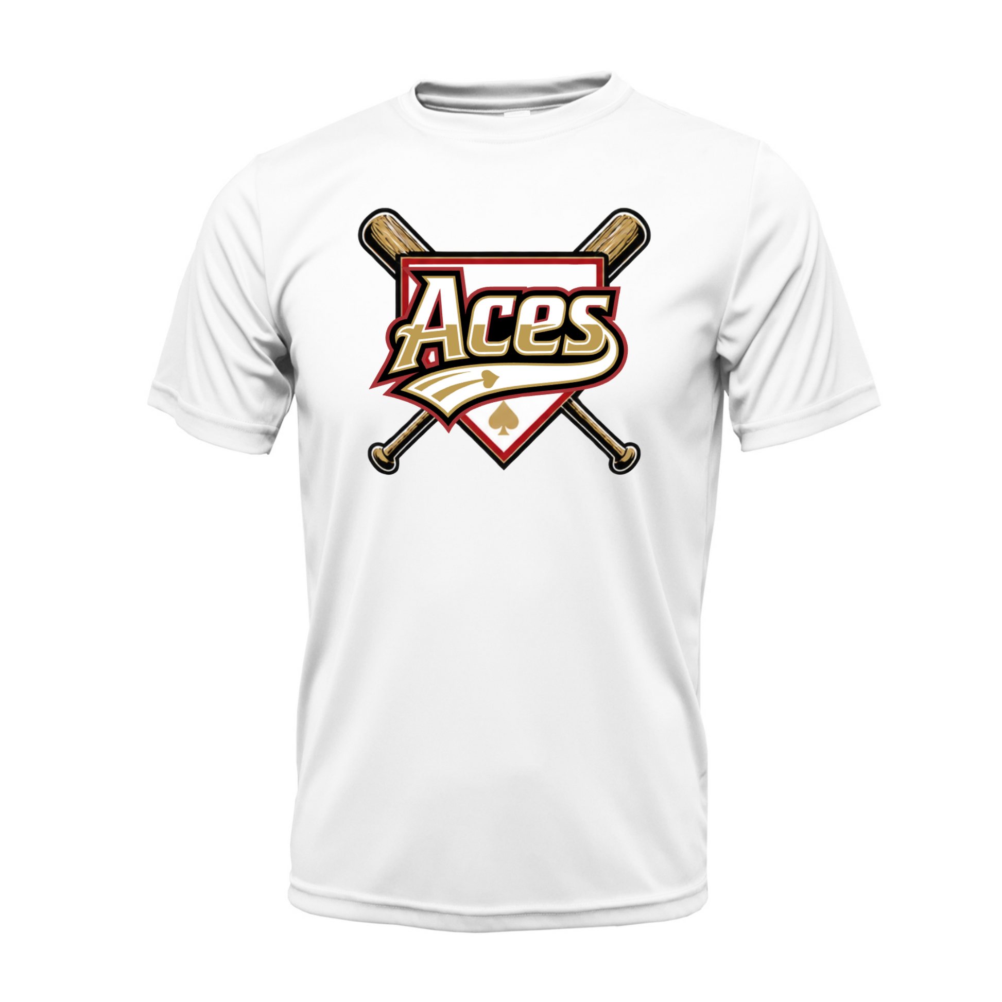 A white short-sleeve crewneck t-shirt featuring a baseball graphic on the chest with crossed bats and the word 'Aces' in a red, gold, and black shield design.