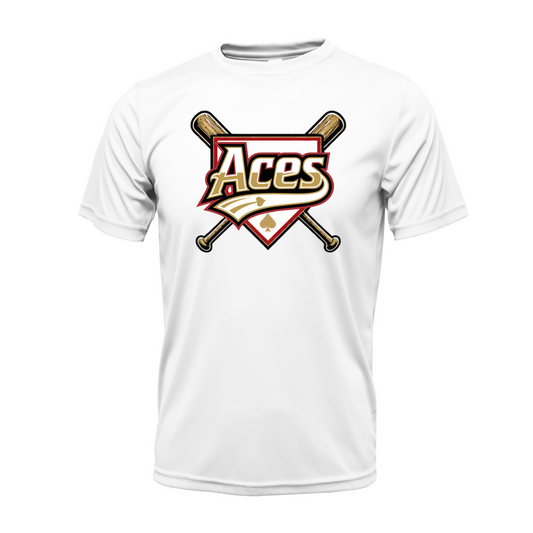 A white short-sleeve crewneck t-shirt featuring a baseball graphic on the chest with crossed bats and the word 'Aces' in a red, gold, and black shield design.