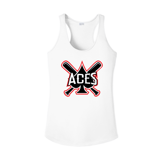 White Aces Baseball women’s racerback tank with black red and white spade and crossed bats logo
