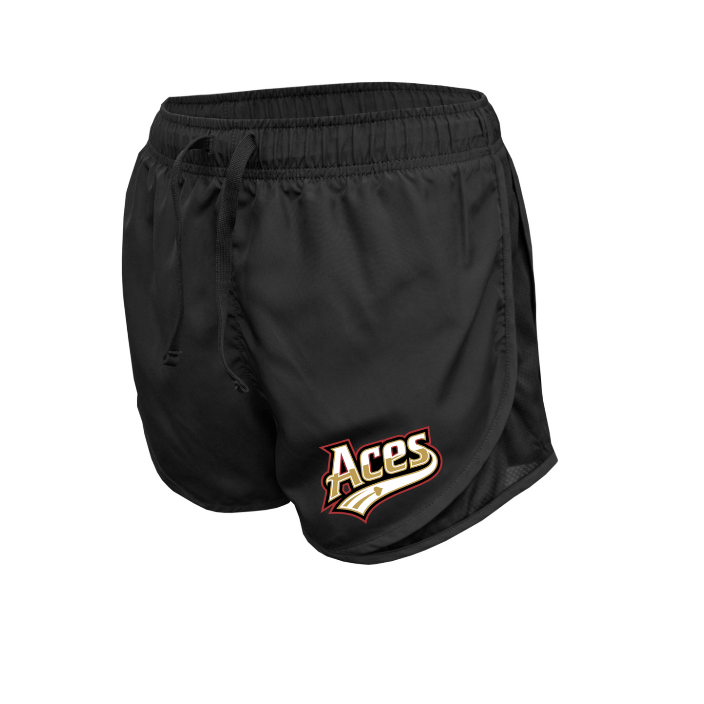 Black athletic shorts with a drawstring waist and a stylized 'Aces' logo on the lower left leg, shown against a plain white background.
