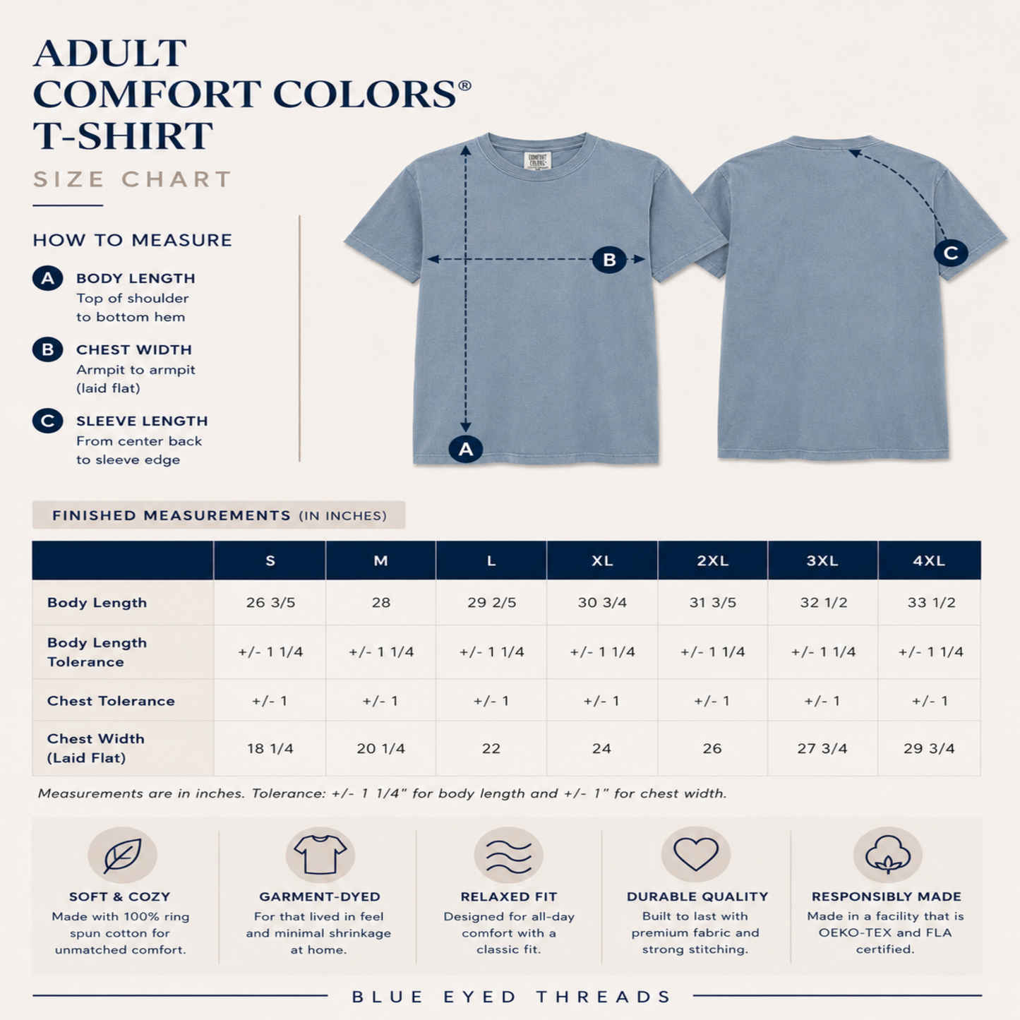 Size chart for Adult Comfort Colors t-shirt with blue shirt illustration
