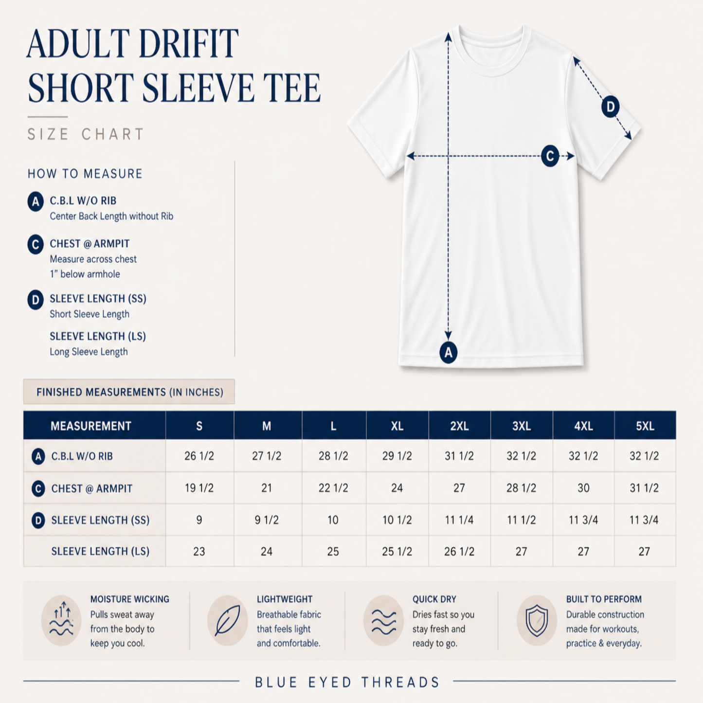 Size chart for Adult Drift Short Sleeve Tee with measurements and Blue Eyed Threads branding.
