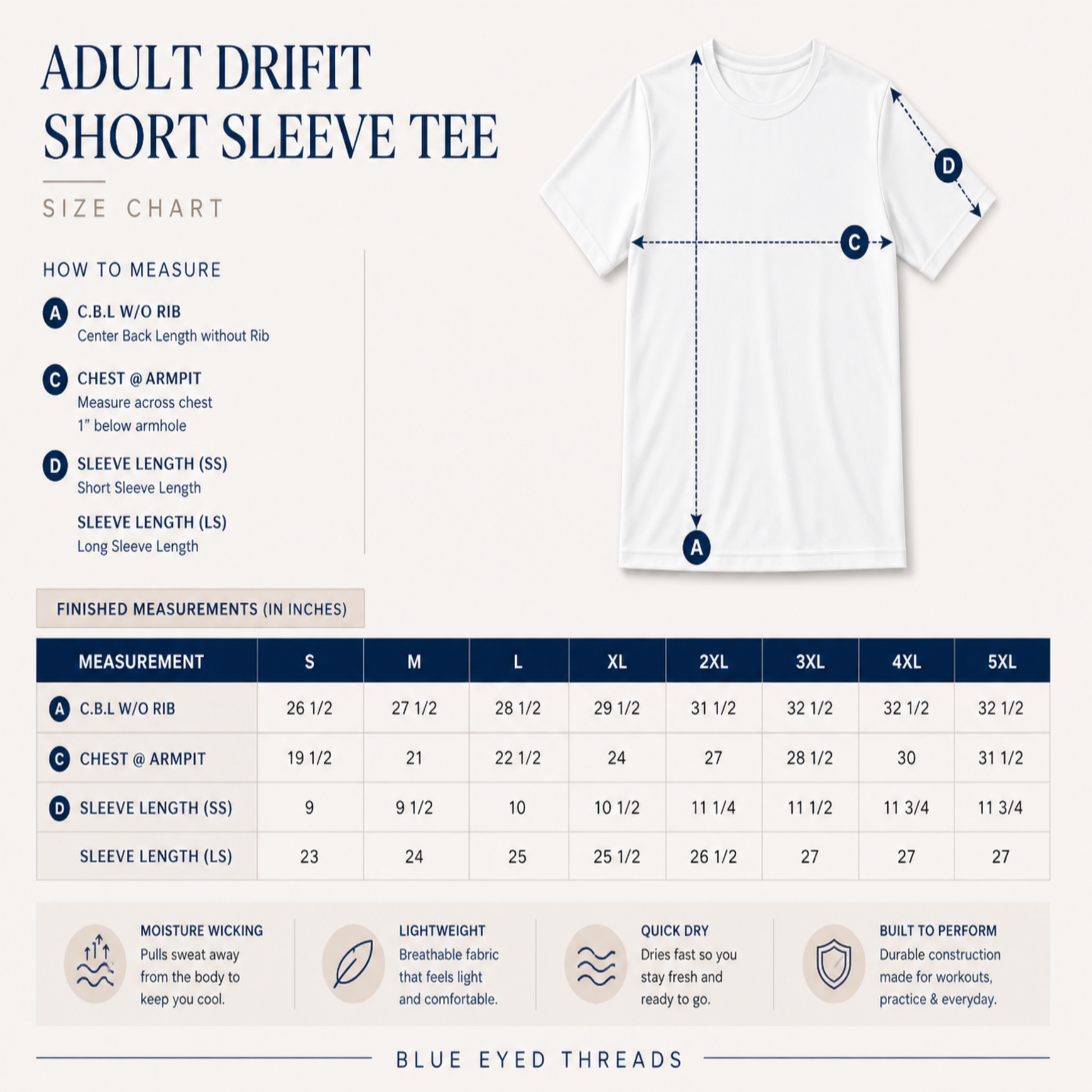 Size chart for Adult Drift Short Sleeve Tee with measurements and Blue Eyed Threads branding.