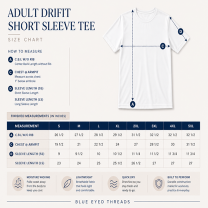 Size chart for Adult Drift Short Sleeve Tee with measurements and Blue Eyed Threads branding.