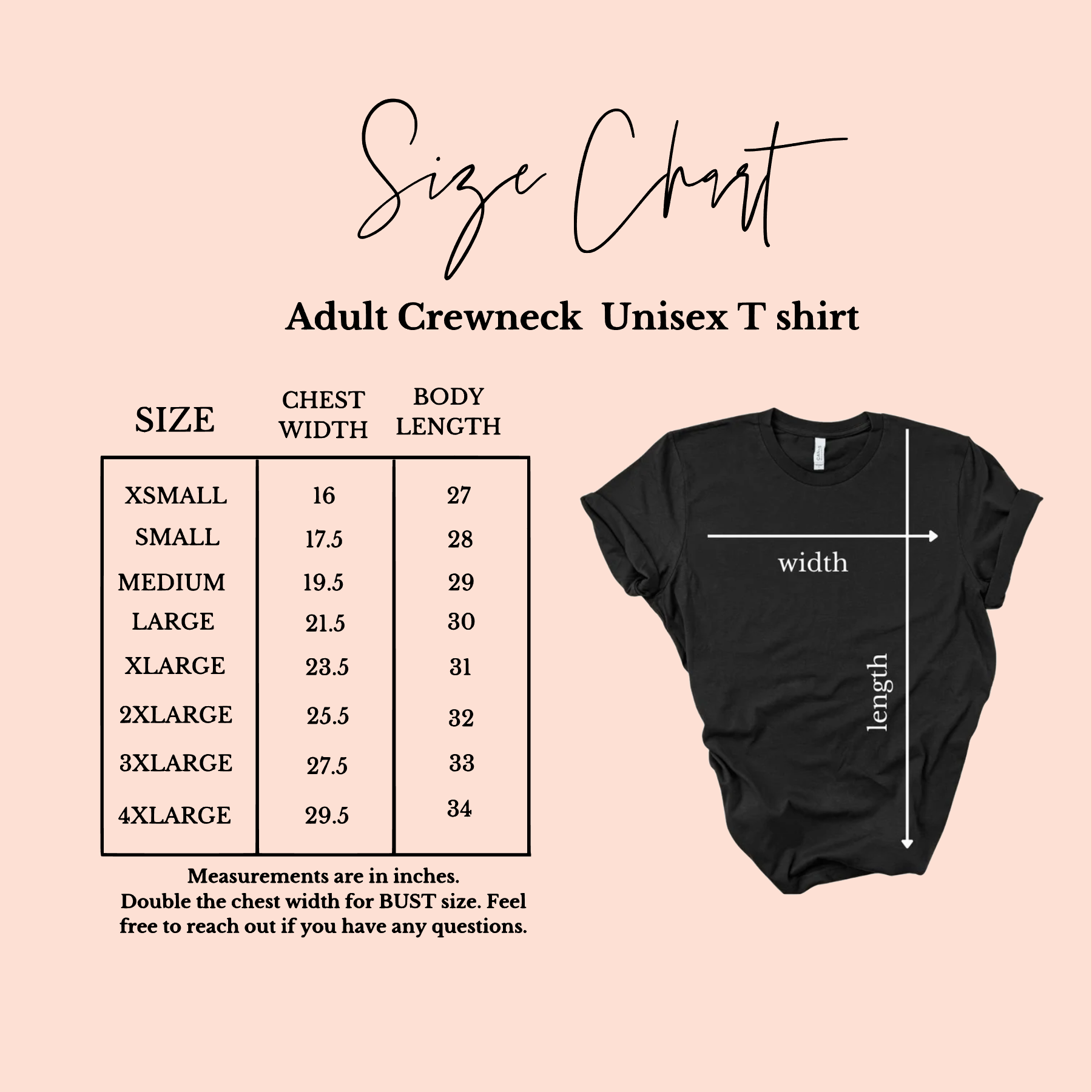 Size chart for adult crewneck unisex t-shirts with a black t-shirt on a beige background.
