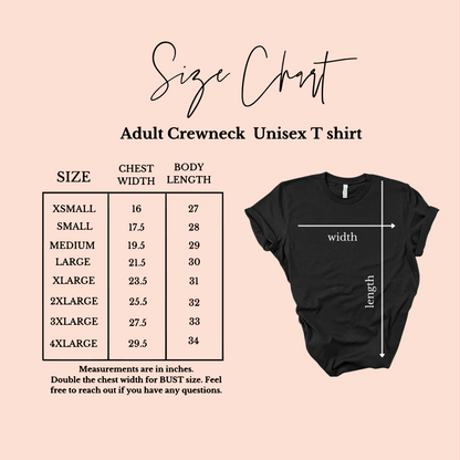 Size chart for adult crewneck unisex t-shirts with a black t-shirt on a beige background.