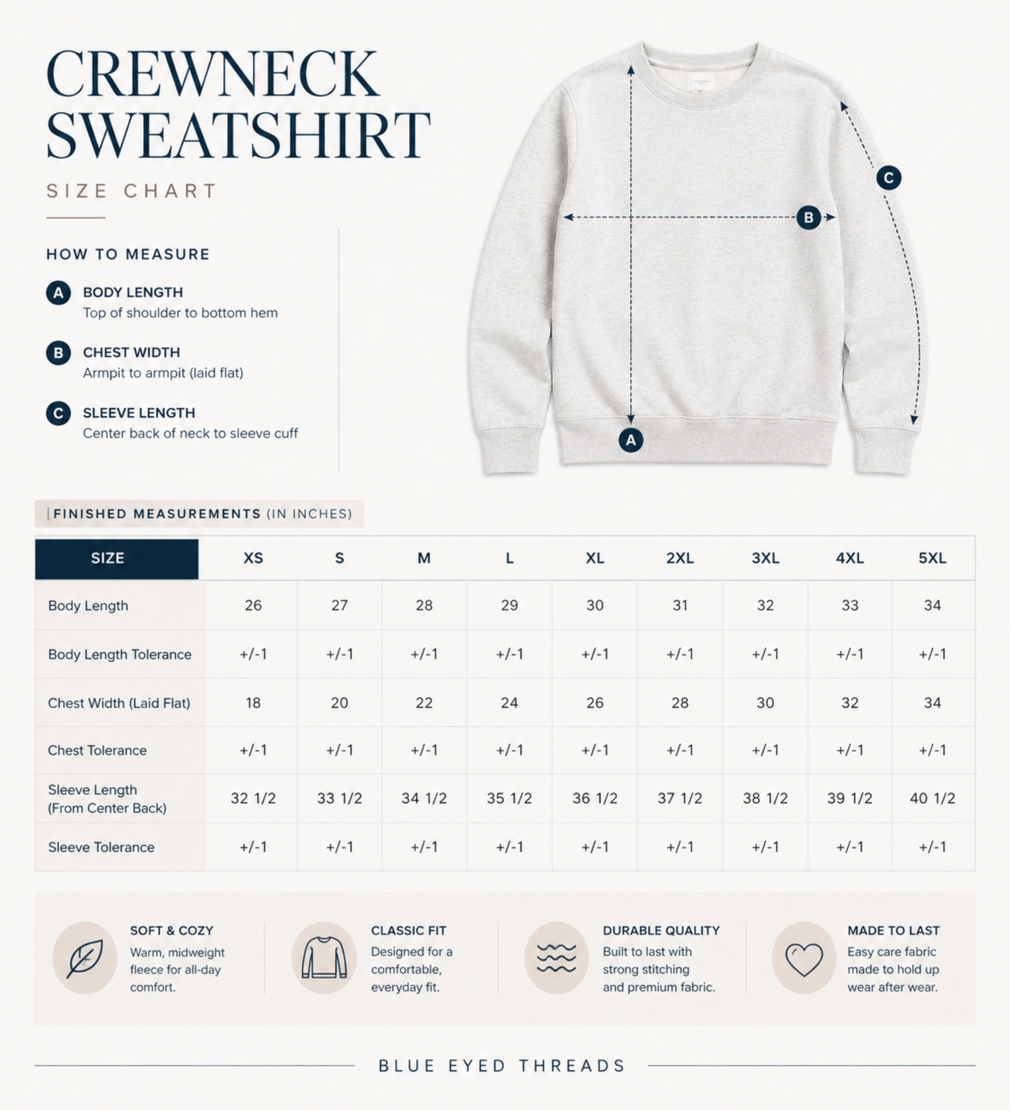 Crewneck sweatshirt size chart with measurements and Blue Eyed Threads branding.