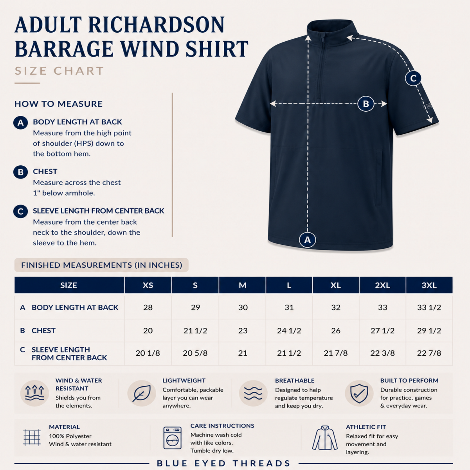 Adult Richardson Barrage Wind Shirt size chart with shirt image and measurement details.