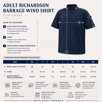 Adult Richardson Barrage Wind Shirt size chart with shirt image and measurement details.