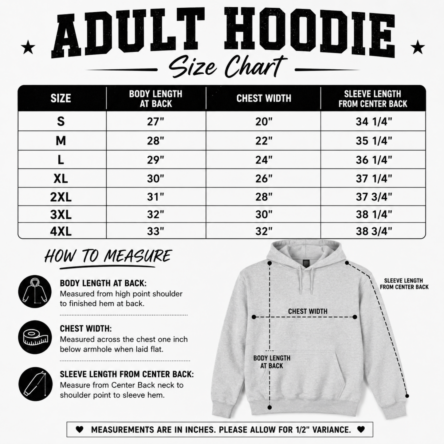 An adult hoodie size chart infographic showing a measurement table from S to 4XL with body length, chest width, and sleeve length in inches, plus a how-to-measure section and a gray hoodie illustration with measurement lines.