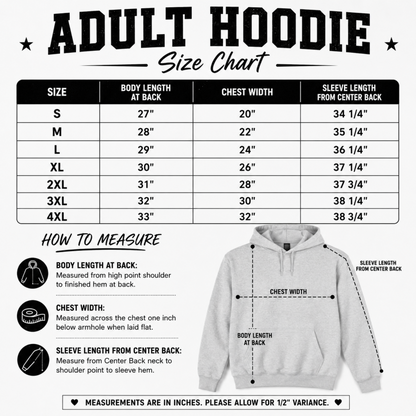 An adult hoodie size chart infographic showing a measurement table from S to 4XL with body length, chest width, and sleeve length in inches, plus a how-to-measure section and a gray hoodie illustration with measurement lines.