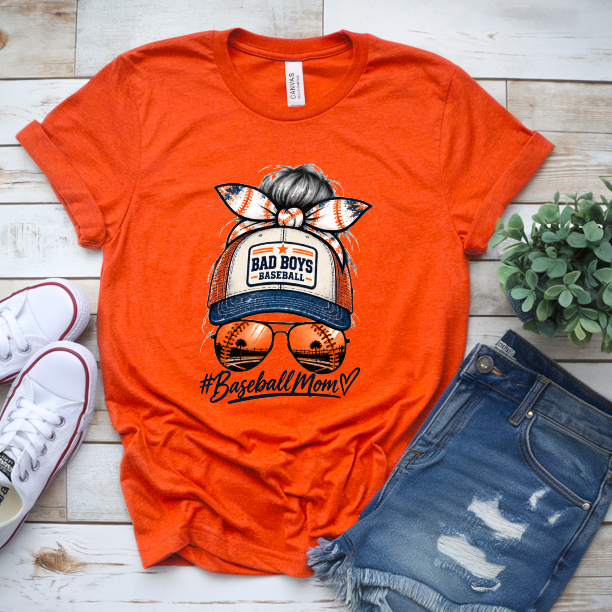 Bad Boys Baseball Mom orange team spirit shirt with navy orange and white baseball mom graphic