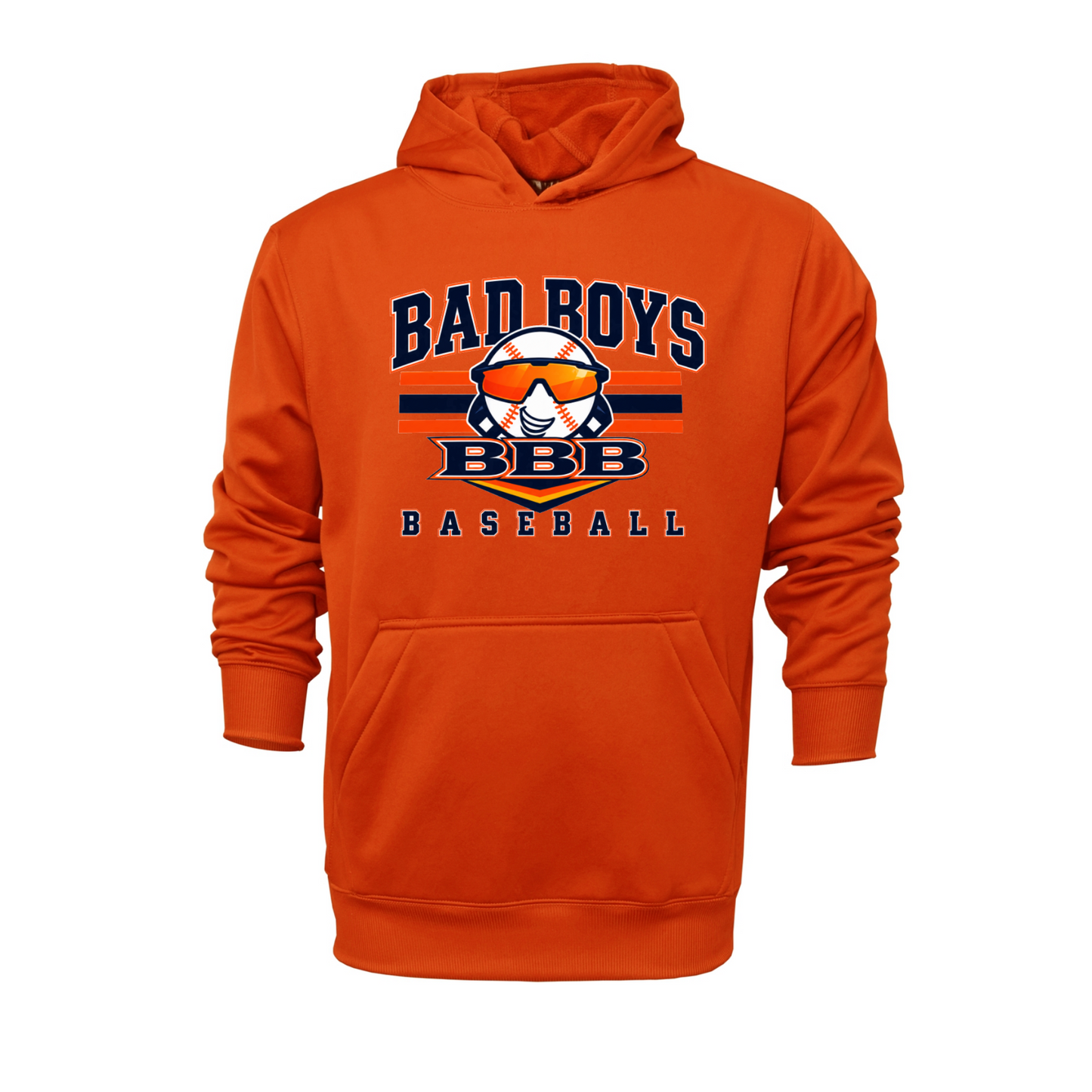 Orange Bad Boys Baseball hoodie with navy white and orange BBB baseball graphic