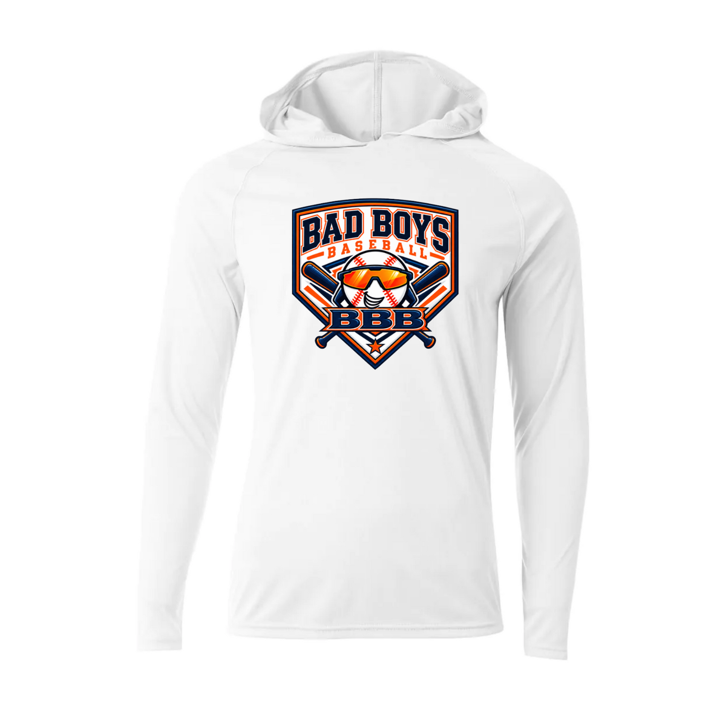 White Bad Boys Baseball lightweight performance hoodie with BBB baseball mascot logo