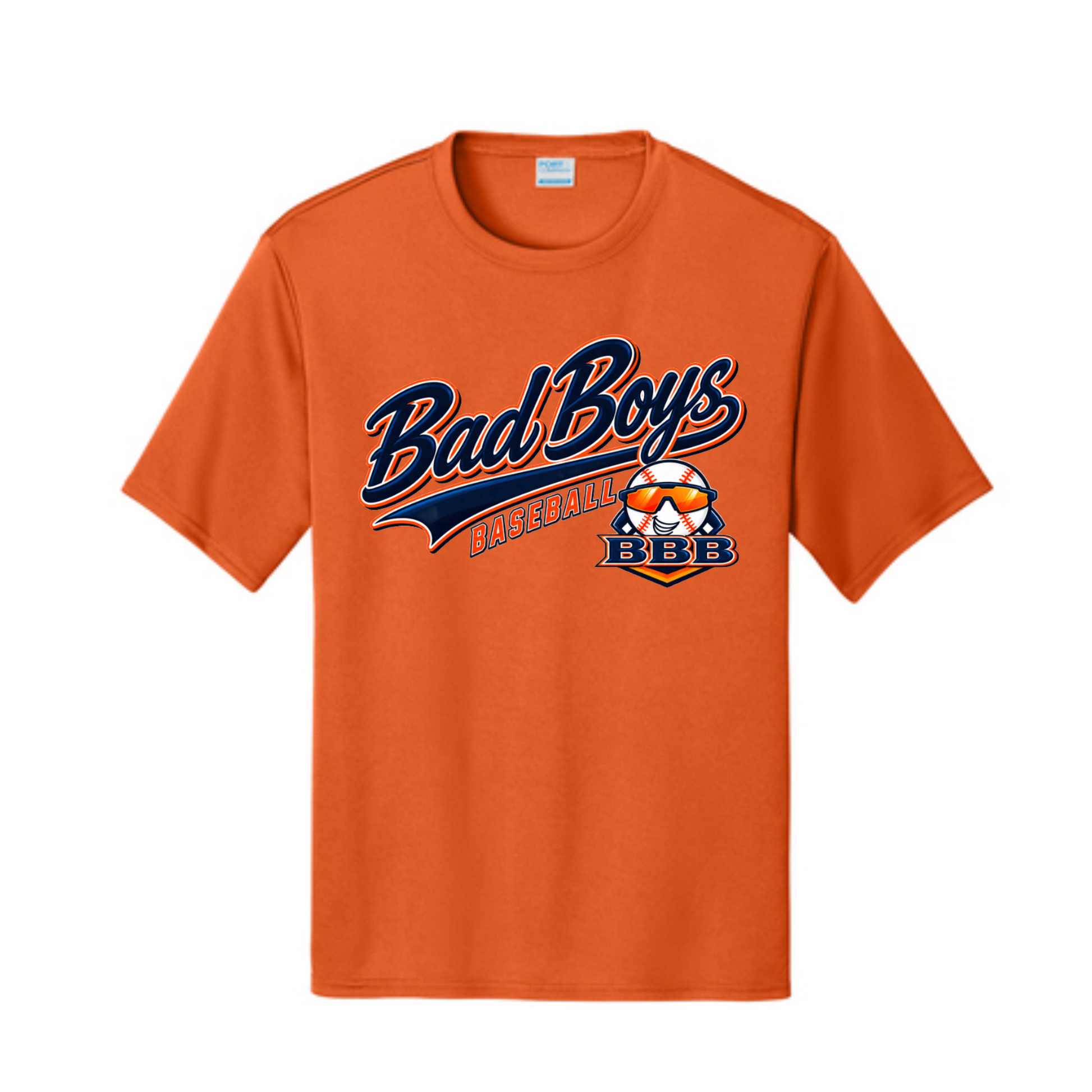 Orange Bad Boys Baseball shirt with navy script logo and BBB baseball graphic
