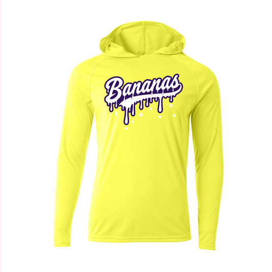 Yellow Bananas Drip Hooded Shirt, Bananas Softball Hooded Tee, Long Sleeve Hooded Bananas Spiritwear
