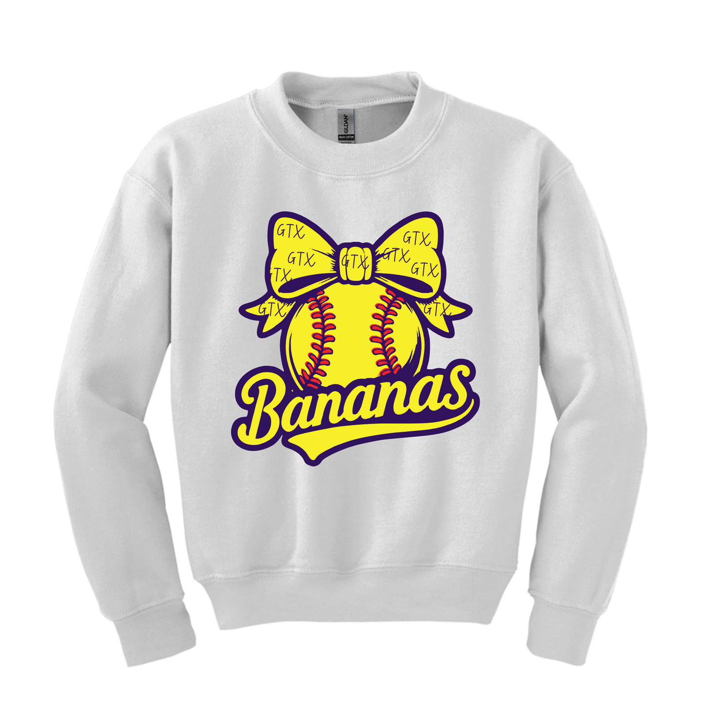 Bananas Ribbon White Fleece, Bananas Softball Sweatshirt, White Crewneck Sweatshirt