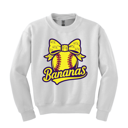 Bananas Ribbon White Fleece, Bananas Softball Sweatshirt, White Crewneck Sweatshirt