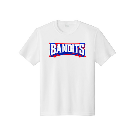 White t-shirt with 'Bandits' logo on a white background