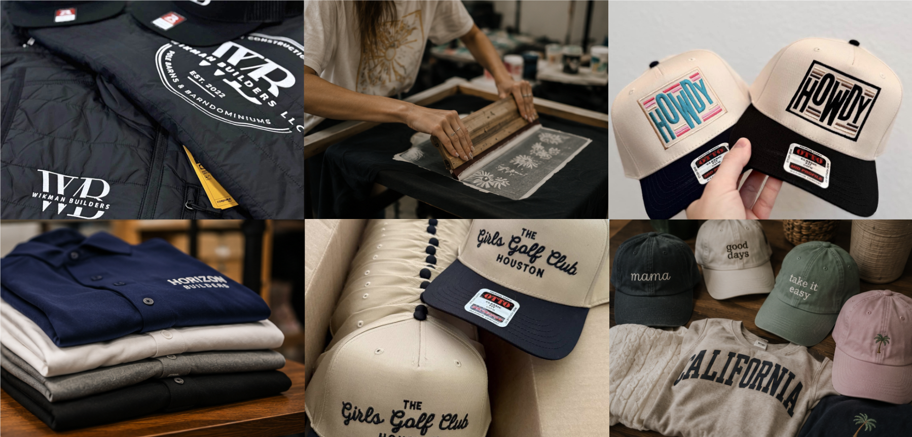 Collage of branded clothing and accessories including caps and shirts.