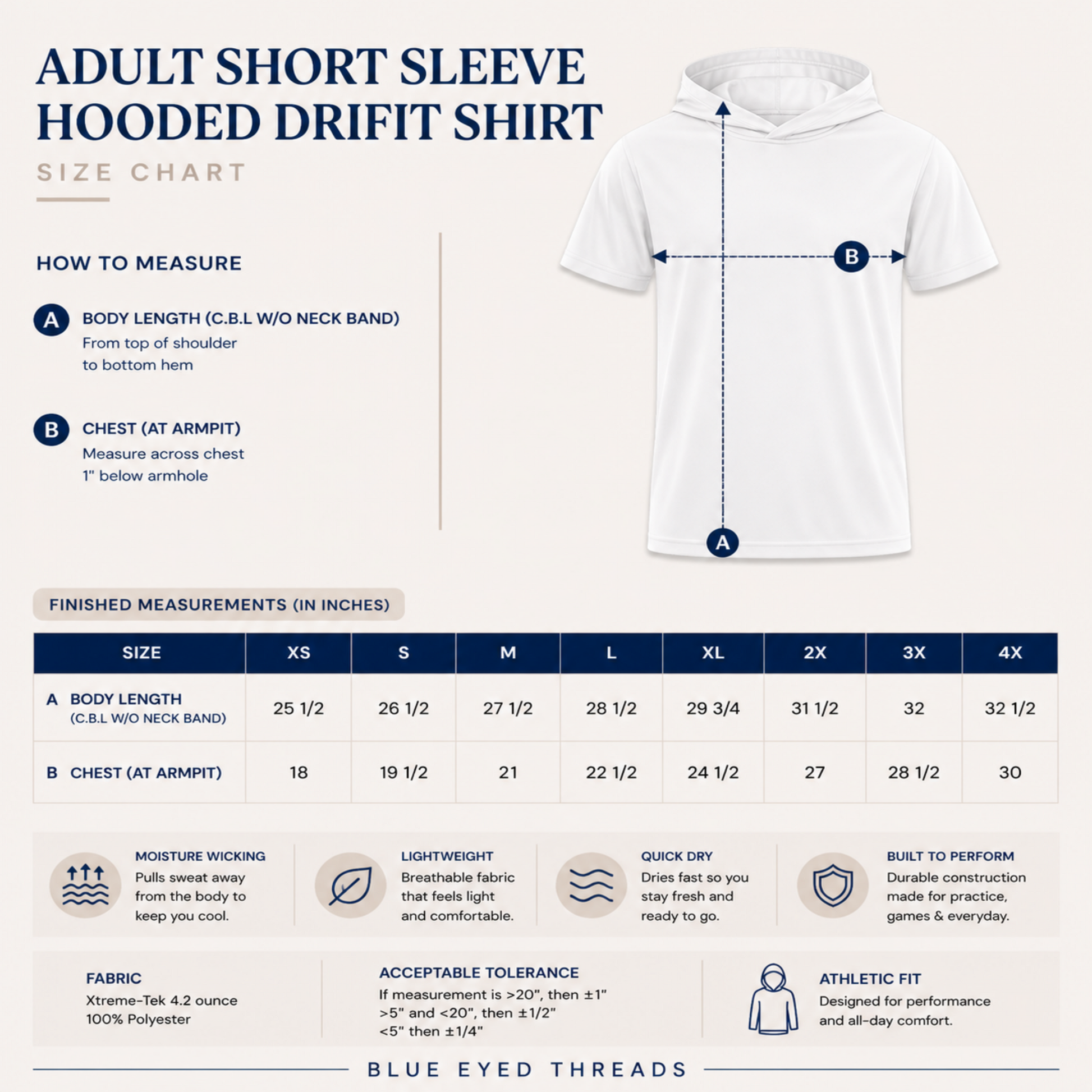 Size chart for adult short sleeve hooded drifit shirt with measurements and features.