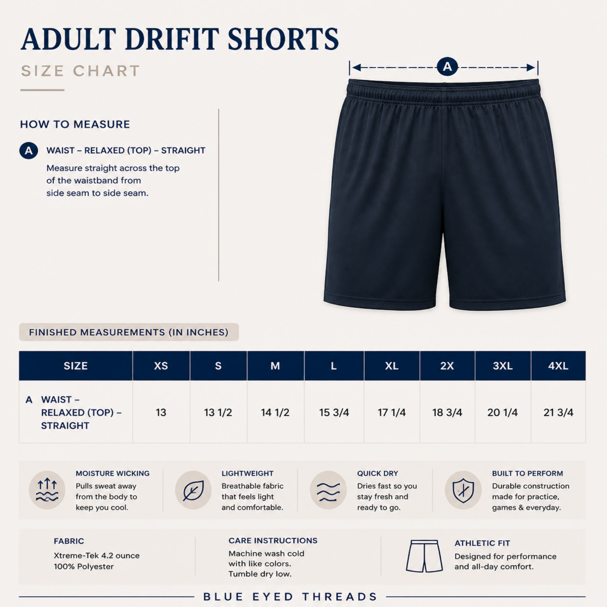 Size chart for adult dri-fit shorts with a navy blue pair of shorts on a white background.