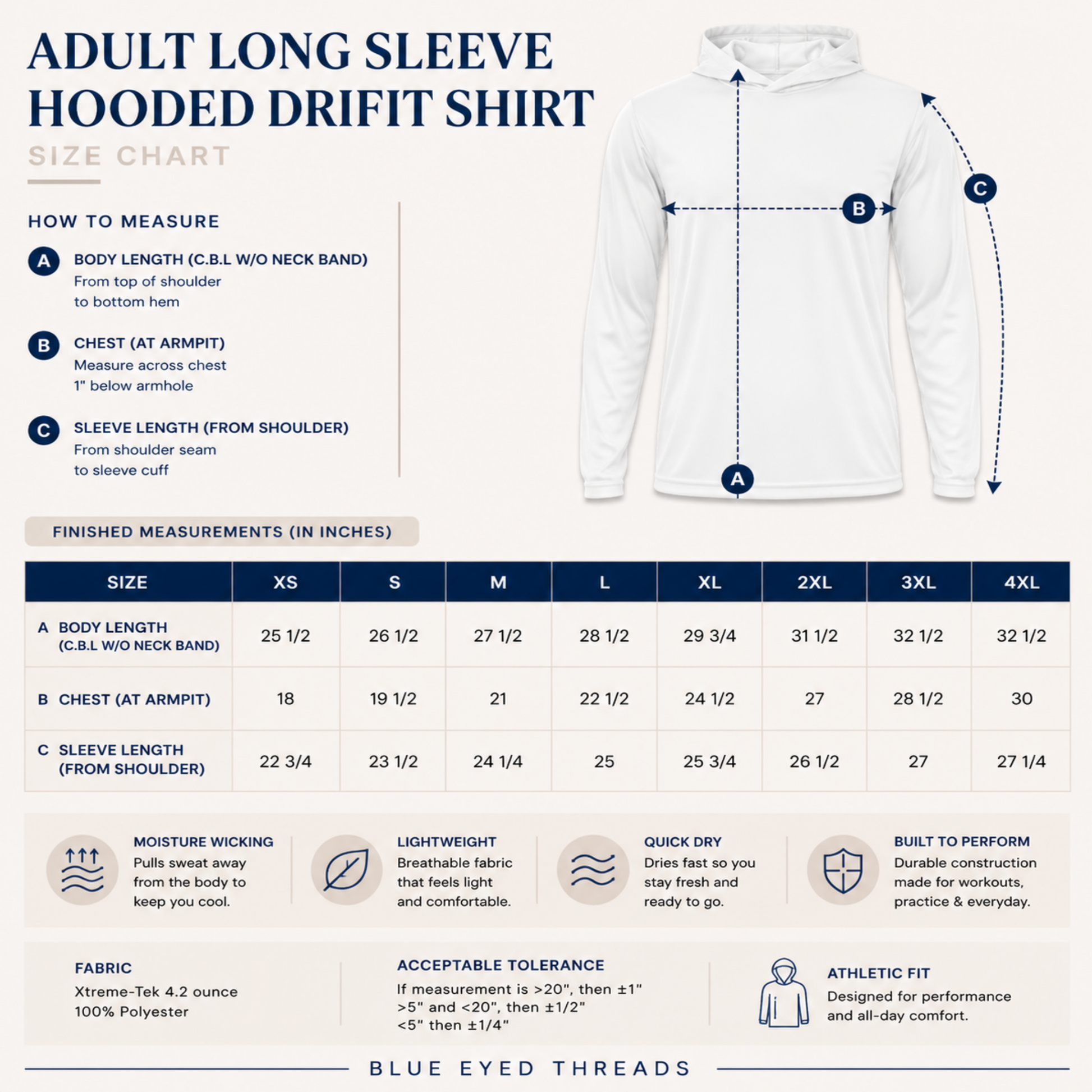 Size chart for adult long sleeve hooded drifit shirt with measurements and features listed.