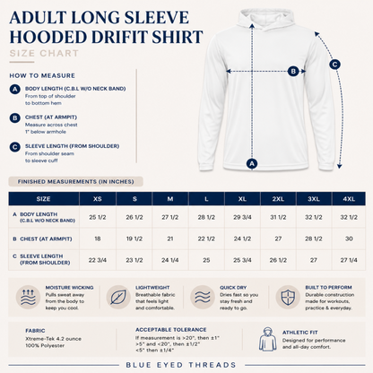 Size chart for adult long sleeve hooded drifit shirt with measurements and features listed.