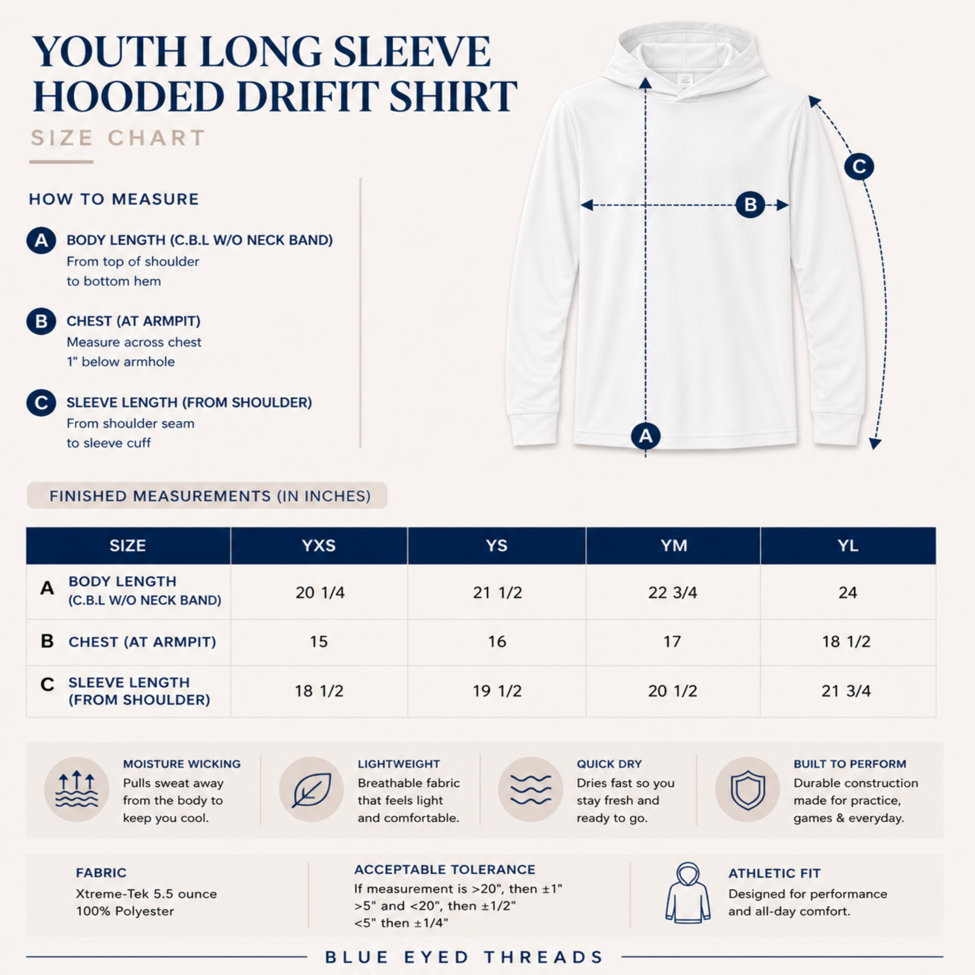 Size chart for Youth Long Sleeve Hooded Drifit Shirt with measurements and features listed.