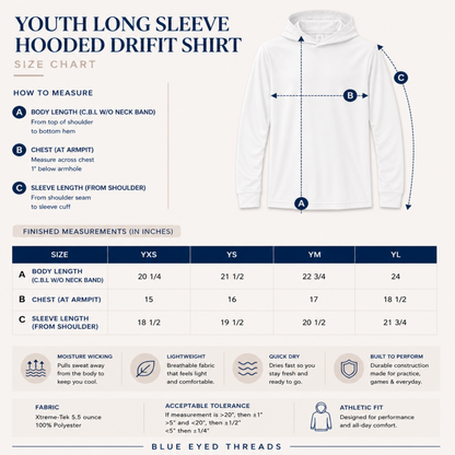 Size chart for Youth Long Sleeve Hooded Drifit Shirt with measurements and features listed.