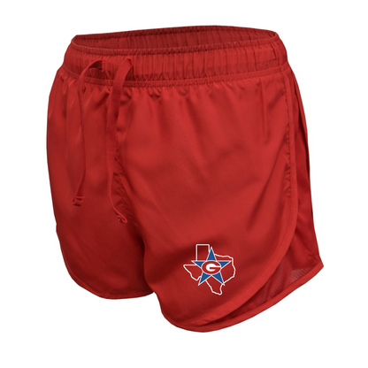Red athletic shorts with a logo on a white background
