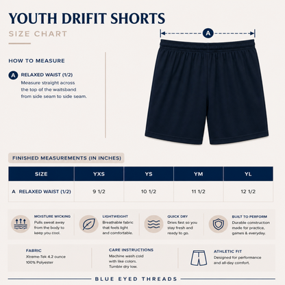 Size chart for Youth Drifit Shorts with a navy blue pair of shorts on a white background.
