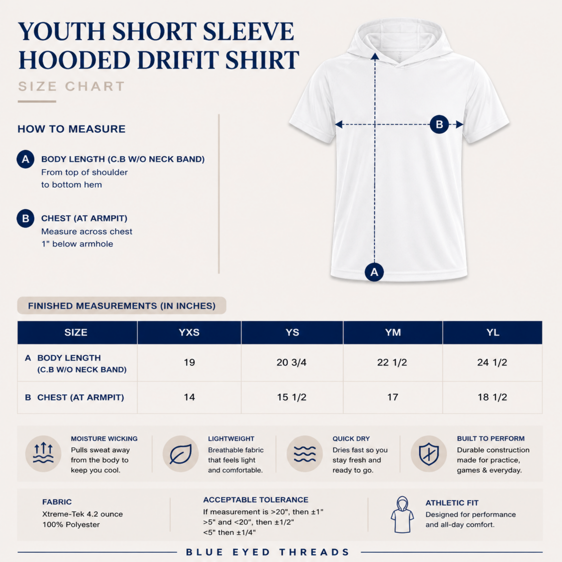 Size chart for a youth short sleeve hooded drifit shirt with measurements and features listed.