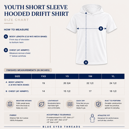 Size chart for a youth short sleeve hooded drifit shirt with measurements and features listed.