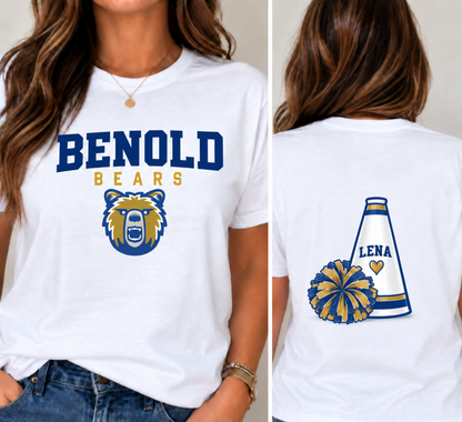 A white short-sleeve graphic T-shirt shown on a model from both the front and back. The front features the text 'BENOLD BEARS' in navy and gold with a bear head graphic.
