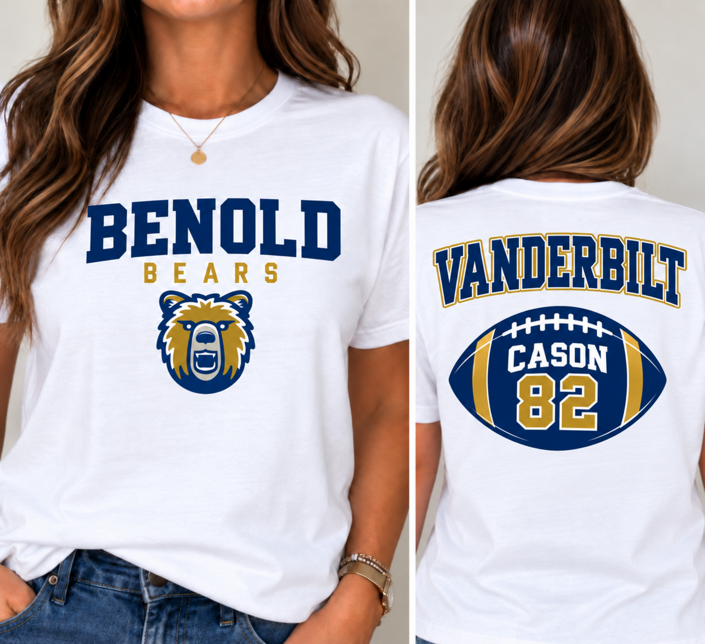 A white short-sleeve graphic T-shirt shown on a model from both the front and back. The front reads 'BENOLD BEARS' with a bear mascot graphic in navy and gold.