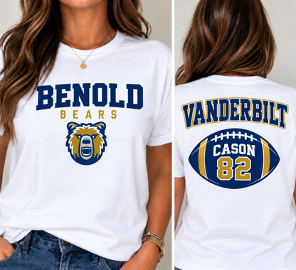 A white short-sleeve graphic T-shirt shown on a model from both the front and back. The front reads 'BENOLD BEARS' with a bear mascot graphic in navy and gold.