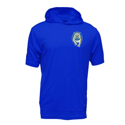 Blue hoodie with a logo on the back against a white background