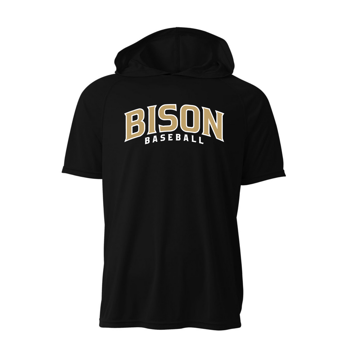 Black Bison Baseball short sleeve performance hoodie with gold and white team logo