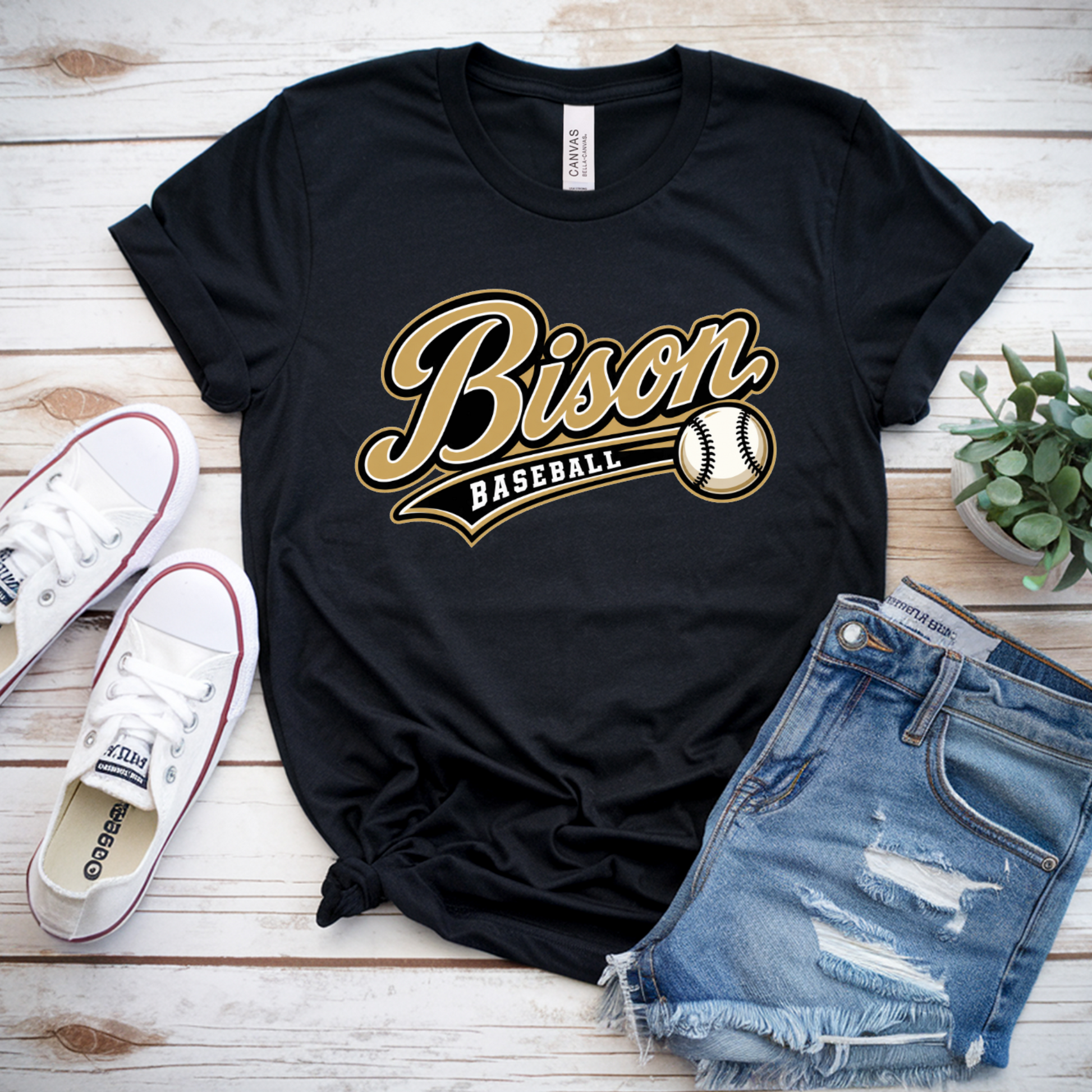 Black Bison Baseball T-shirt with gold and white script baseball design