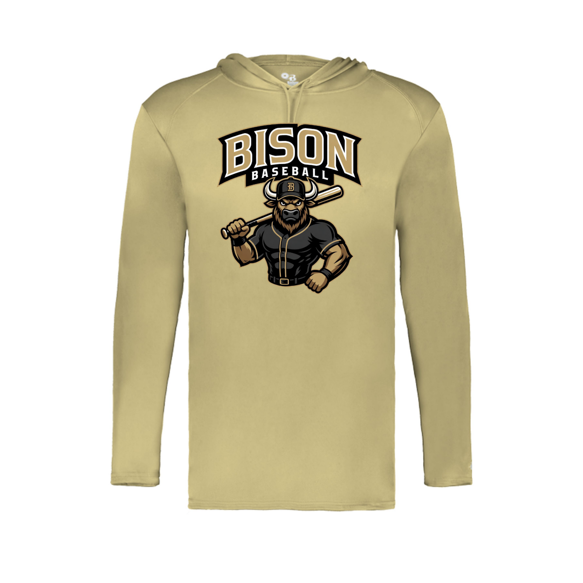 Vegas gold Bison Baseball performance hoodie with bison baseball player mascot graphic