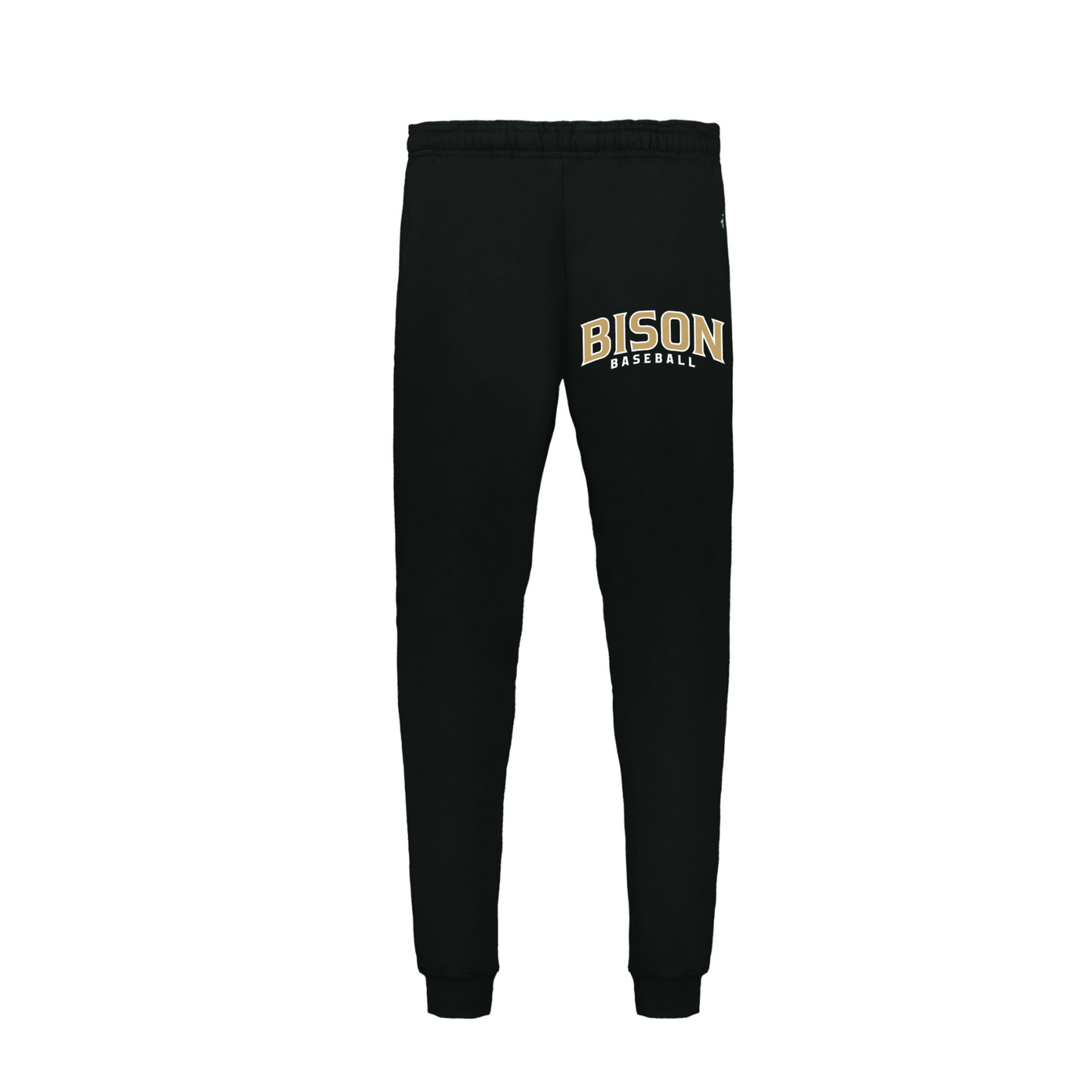 Black Bison Baseball joggers with gold and white team logo on leg