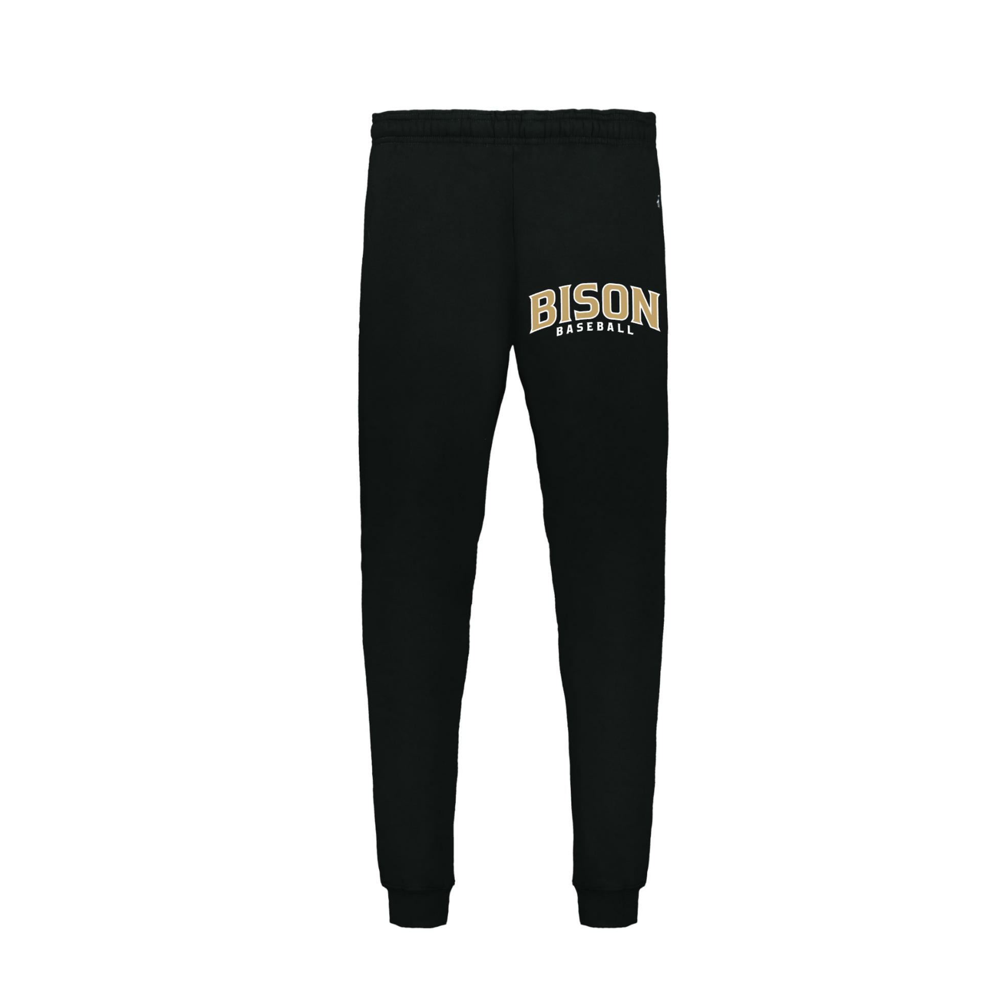 Black Bison Baseball joggers with gold and white team logo on leg